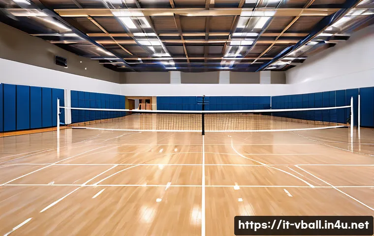 배구 교실 찾는 법 - A modern indoor volleyball gym with bright, clean, and spacious courts featuring polished wooden flo...
