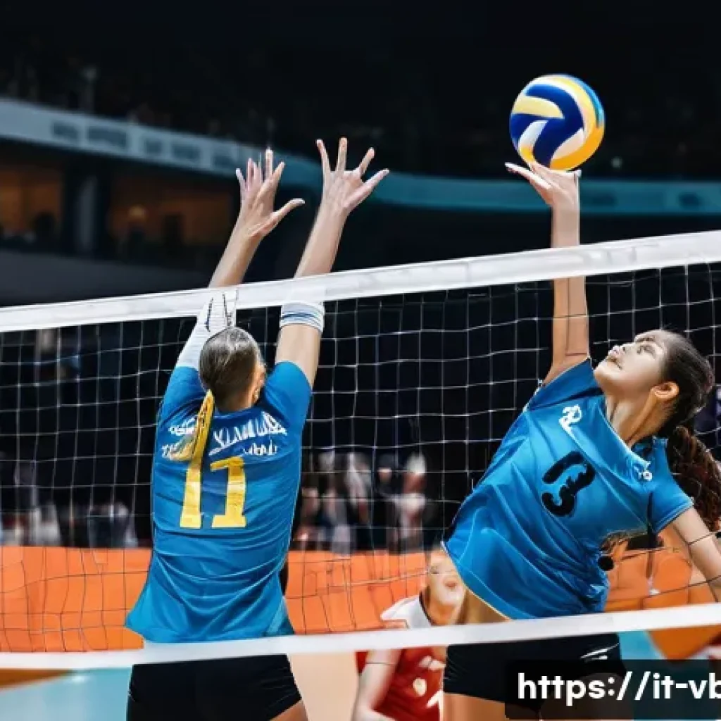 배구 블로킹 잘하는 법 - A dynamic volleyball scene focusing on a male and female player executing a coordinated block at the...