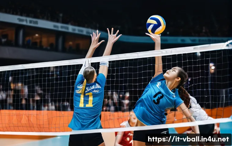 배구 블로킹 잘하는 법 - A dynamic volleyball scene focusing on a male and female player executing a coordinated block at the...