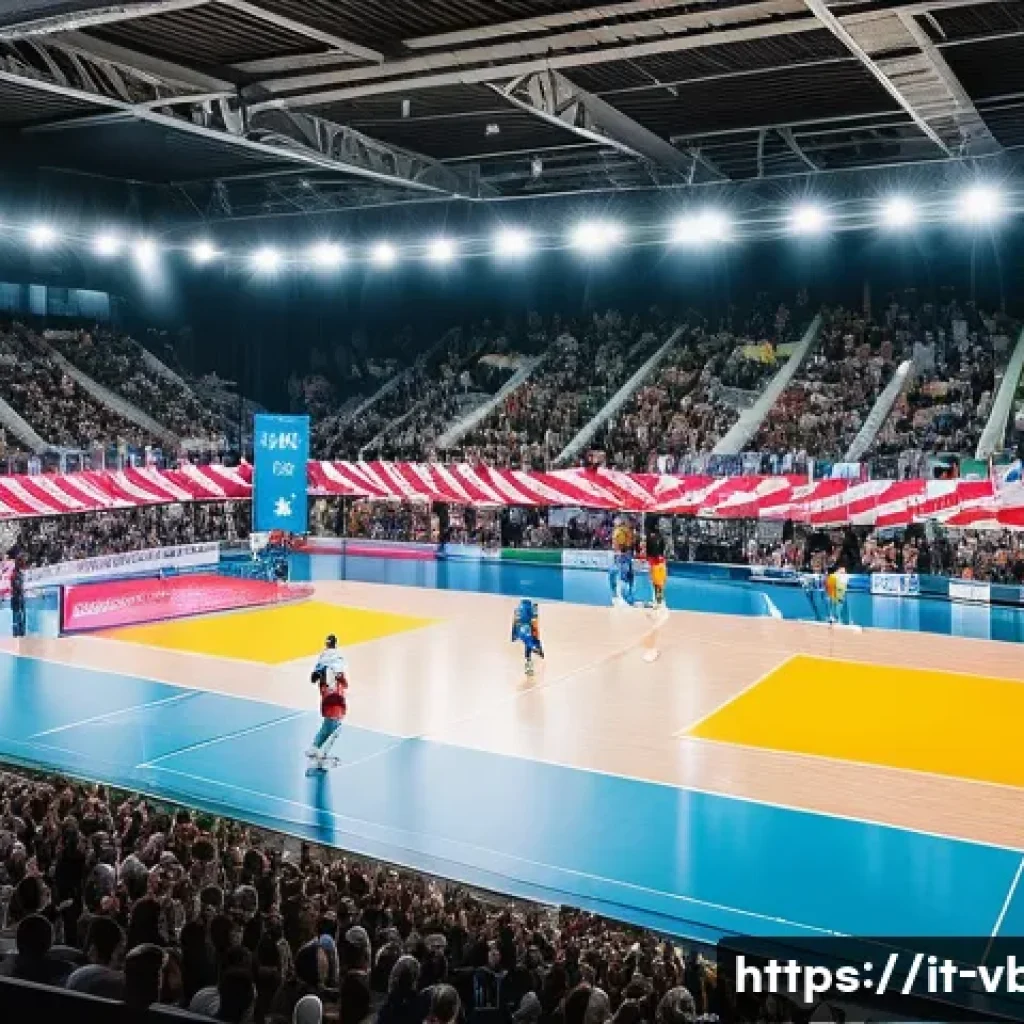 배구의 인기 상승과 이유 - A dynamic indoor volleyball match scene in a modern Italian Serie A1 arena filled with passionate fa...
