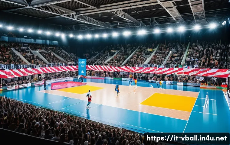 배구의 인기 상승과 이유 - A dynamic indoor volleyball match scene in a modern Italian Serie A1 arena filled with passionate fa...