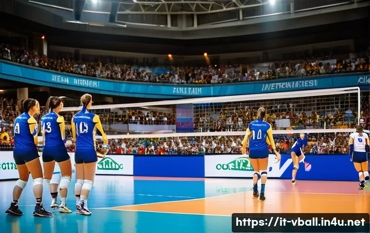 배구 대회의 역사적 순간 - A dynamic indoor volleyball match in a modern Italian sports arena filled with enthusiastic spectato...
