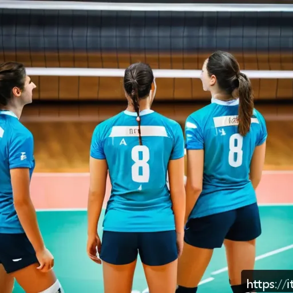 배구 경기 중 리더십 발휘 - A dynamic volleyball team huddle on an indoor court in Italy, players wearing colorful sportswear wi...