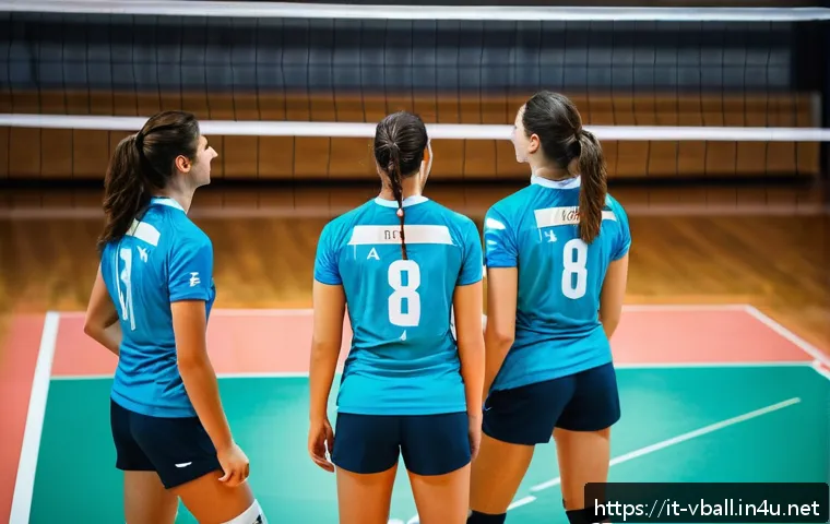 배구 경기 중 리더십 발휘 - A dynamic volleyball team huddle on an indoor court in Italy, players wearing colorful sportswear wi...