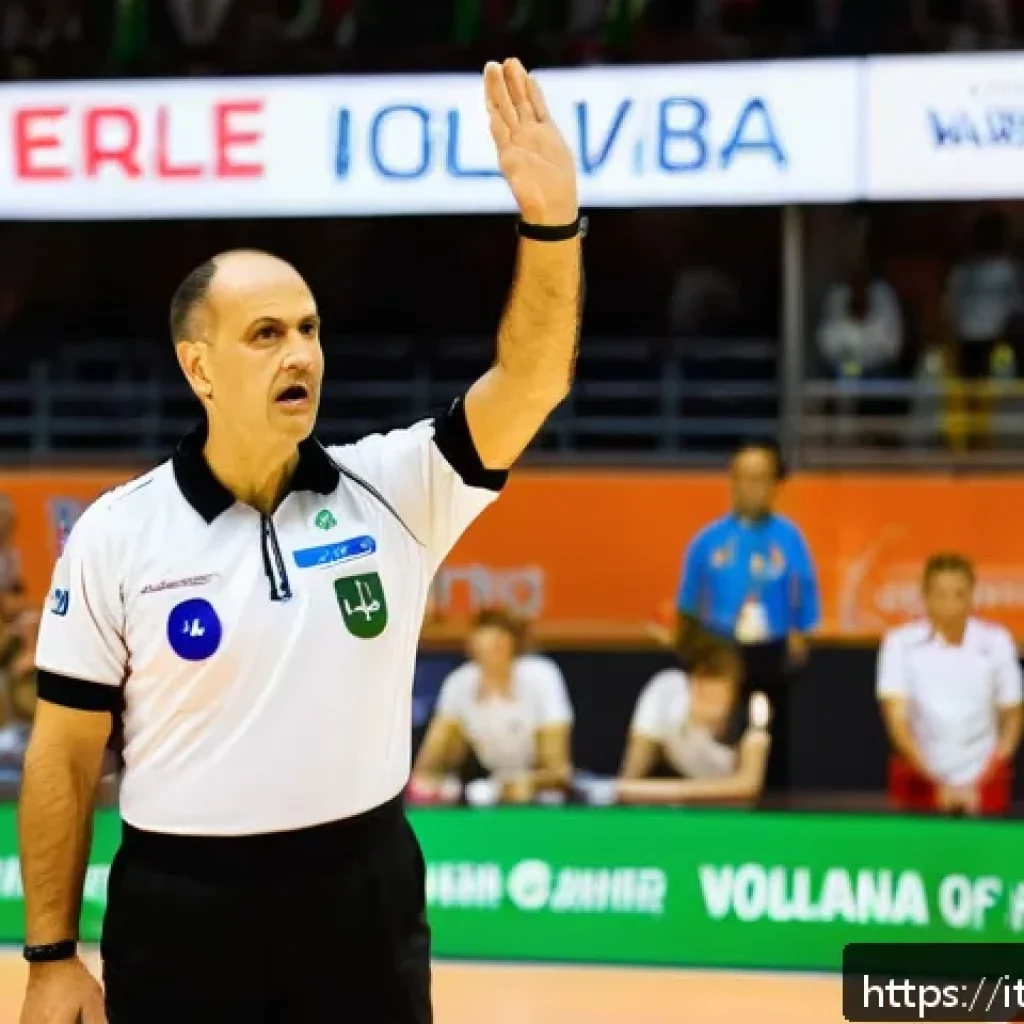 배구 심판 규칙과 제스처 - A professional volleyball referee standing on the court during a match, wearing a white referee shir...