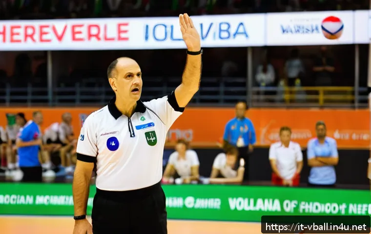 배구 심판 규칙과 제스처 - A professional volleyball referee standing on the court during a match, wearing a white referee shir...