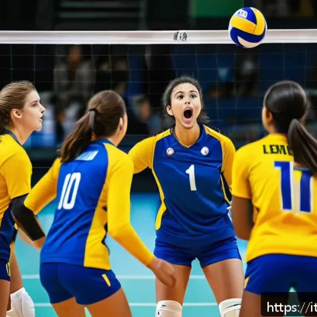 배구 경기에서 팀워크의 중요성 - A dynamic volleyball team in mid-game on an indoor court, players wearing colorful sports uniforms a...