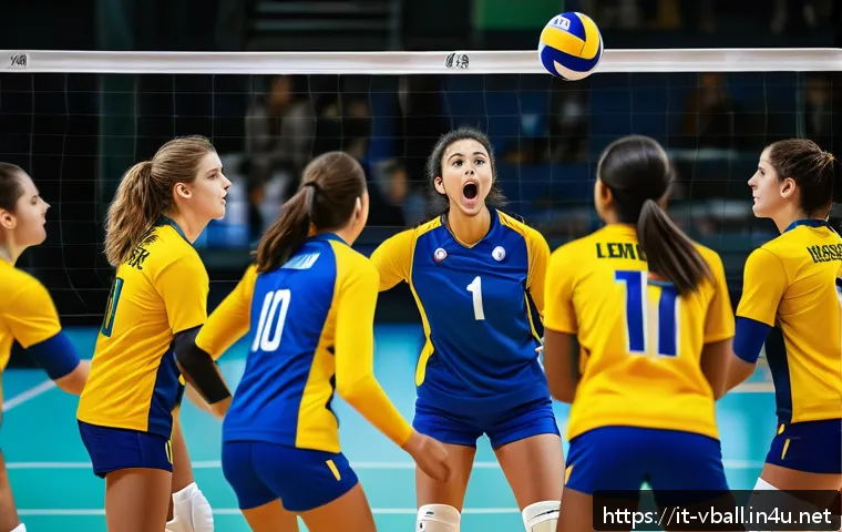 배구 경기에서 팀워크의 중요성 - A dynamic volleyball team in mid-game on an indoor court, players wearing colorful sports uniforms a...