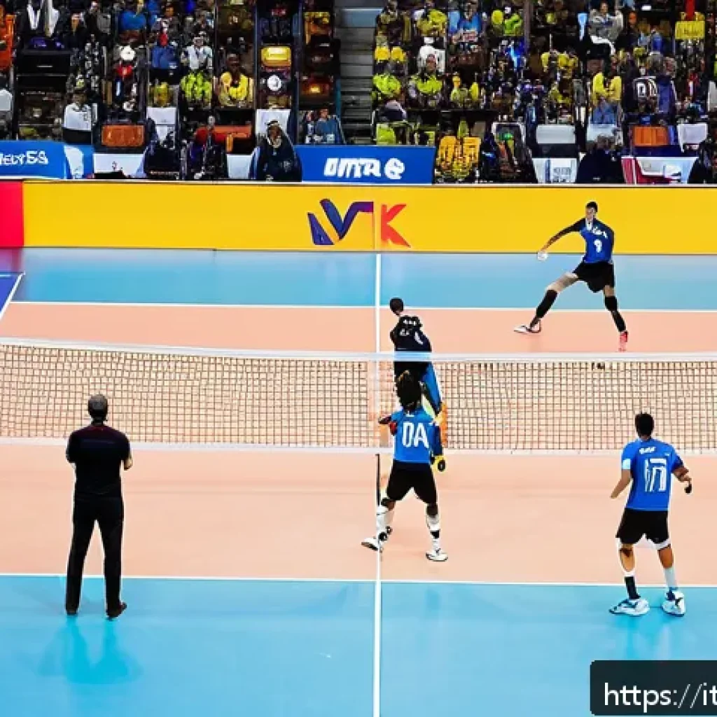 배구 게임 규칙 변경 사례 - A high-intensity volleyball match scene in a modern Italian indoor stadium filled with enthusiastic ...