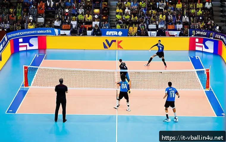 배구 게임 규칙 변경 사례 - A high-intensity volleyball match scene in a modern Italian indoor stadium filled with enthusiastic ...