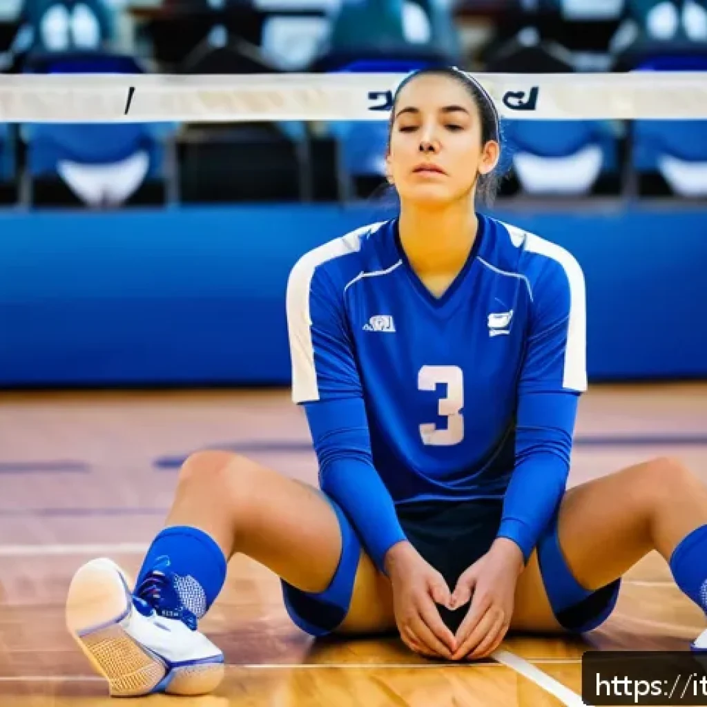 배구 경기 중 긴장 완화법 - A focused volleyball player in mid-game pause, sitting on the bench during a timeout, practicing dee...