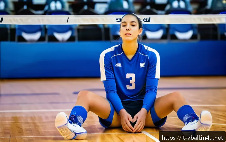 배구 경기 중 긴장 완화법 - A focused volleyball player in mid-game pause, sitting on the bench during a timeout, practicing dee...
