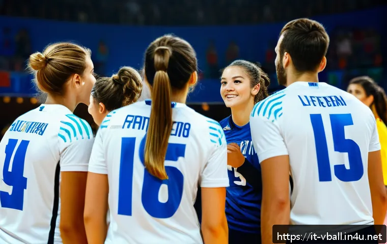 배구 관련 영화 - A dynamic volleyball team huddle on an indoor court, capturing the intense chemistry and trust among...