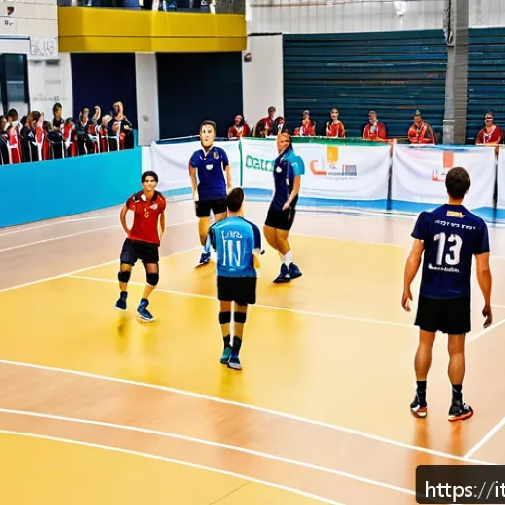 배구의 지역별 인기 차이 - A lively volleyball match scene in a modern indoor sports gym located in Northern Italy, featuring d...