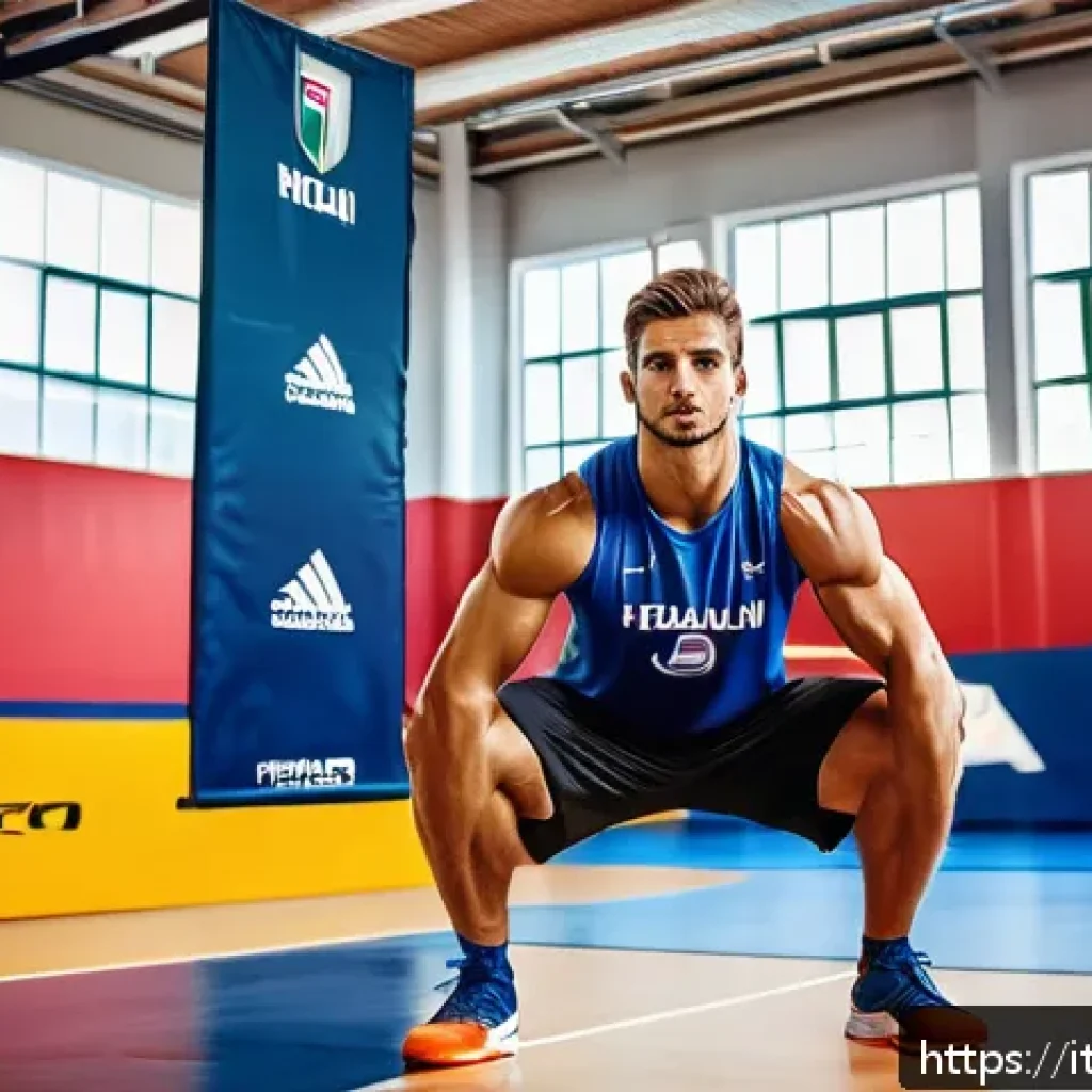 배구 기술 향상 훈련법 - A dynamic volleyball training scene in an Italian gym, featuring a fit young male athlete performing...