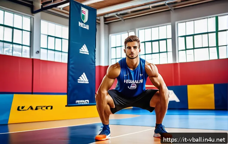 배구 기술 향상 훈련법 - A dynamic volleyball training scene in an Italian gym, featuring a fit young male athlete performing...