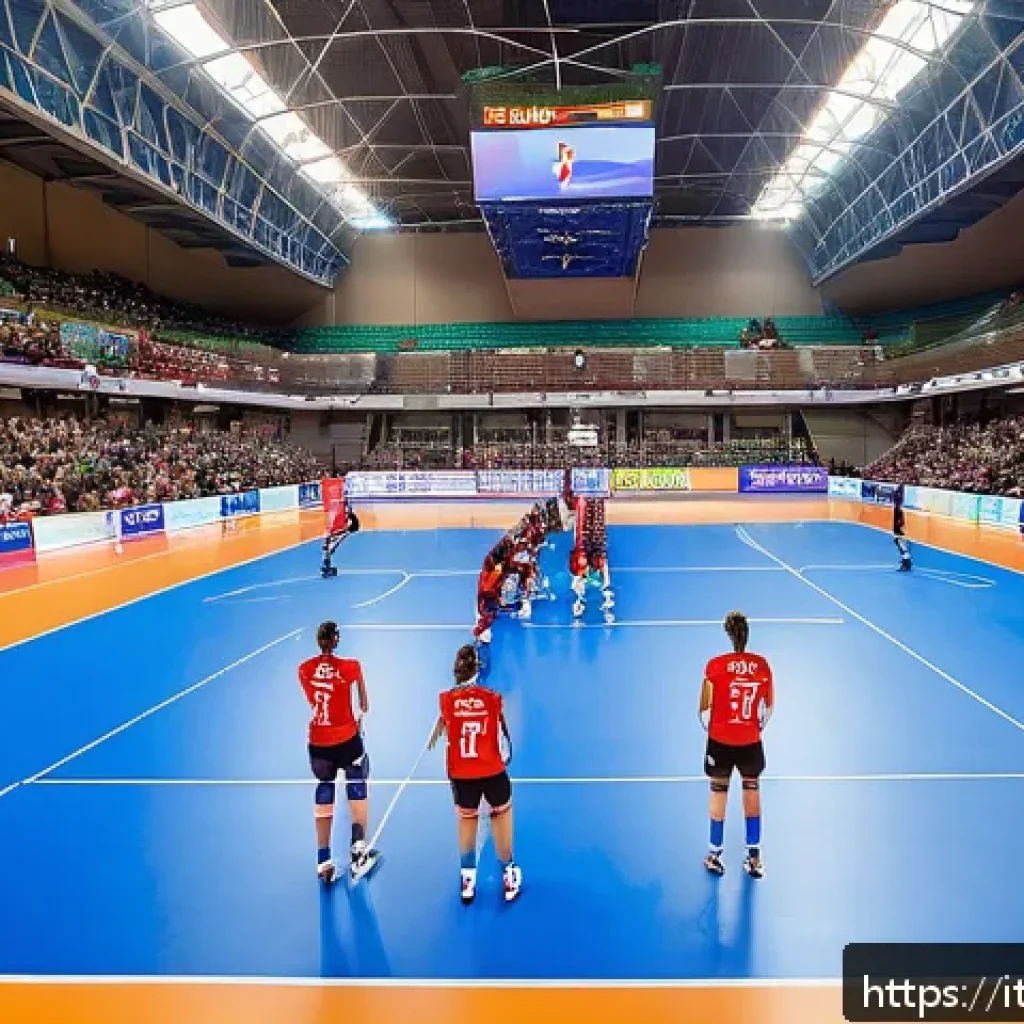 배구 인기 팀 소개 - A dynamic volleyball match scene set in a packed Italian indoor stadium, featuring top Italian teams...