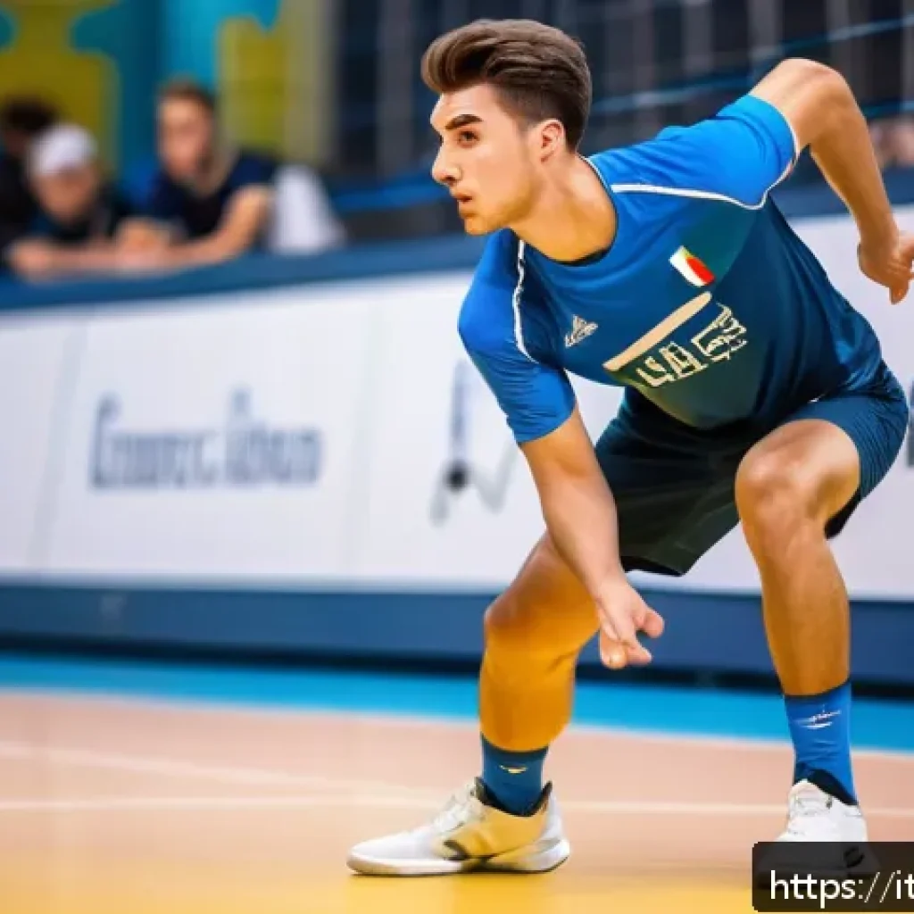 배구 스카우팅 기법 - A young male volleyball player in a dynamic mid-match pose on an indoor court, wearing a professiona...