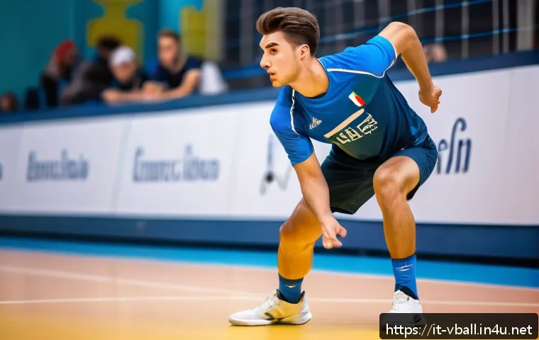 배구 스카우팅 기법 - A young male volleyball player in a dynamic mid-match pose on an indoor court, wearing a professiona...