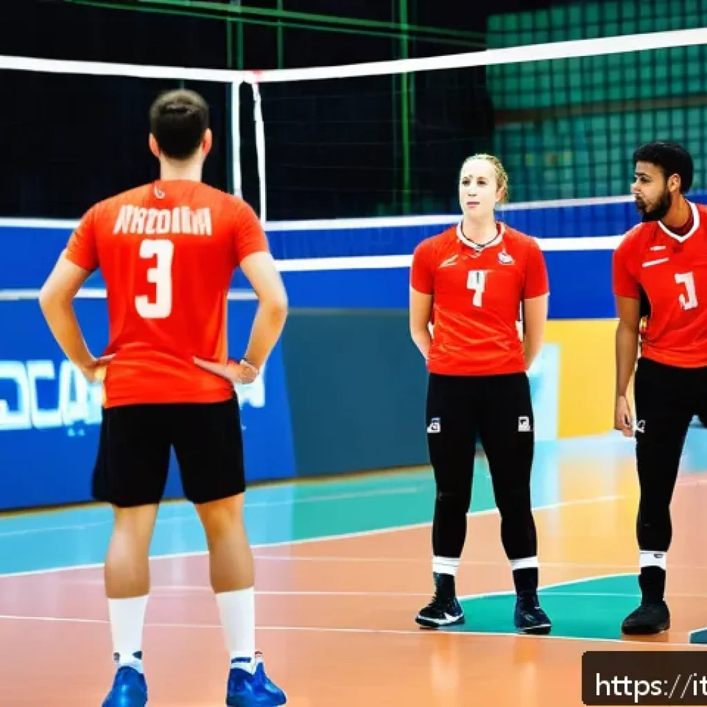배구 경기 중 실수 줄이는 방법 - A dynamic volleyball team mid-game on an indoor court in Italy, players wearing breathable, technica...