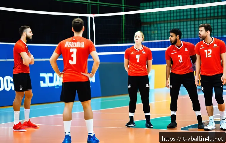배구 경기 중 실수 줄이는 방법 - A dynamic volleyball team mid-game on an indoor court in Italy, players wearing breathable, technica...