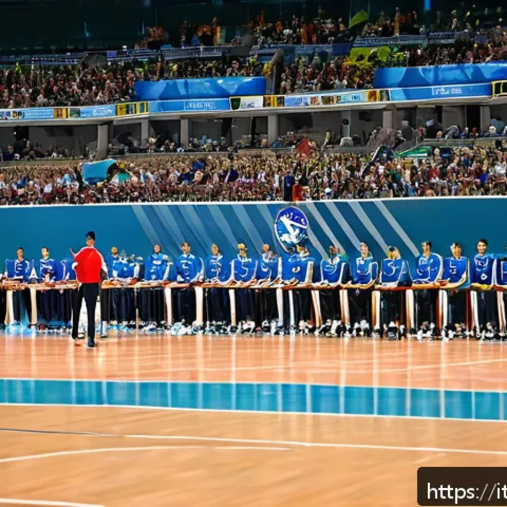 배구 규칙 책자 다운로드 - A dynamic volleyball match scene emphasizing fast-paced action with players in modern athletic unifo...