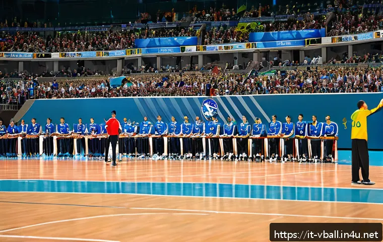 배구 규칙 책자 다운로드 - A dynamic volleyball match scene emphasizing fast-paced action with players in modern athletic unifo...