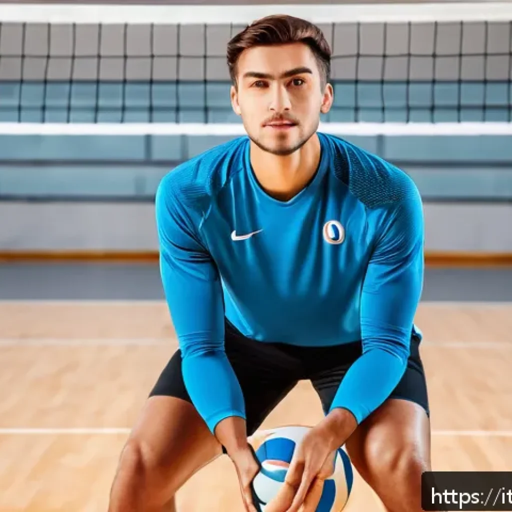 배구 초보용 스타터 패키지 - A beginner volleyball player training indoors in a well-lit gymnasium, wearing breathable technical ...