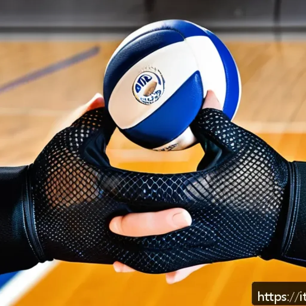 배구 전용 장갑 - A close-up image of a pair of volleyball gloves designed with breathable nylon and spandex fabric, s...