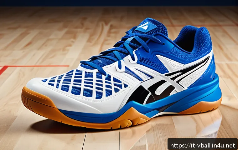 배구화 추천 - A high-performance volleyball shoe displayed on a polished indoor wooden court, featuring a breathab...
