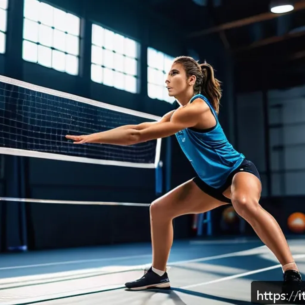배구 트레이닝 팁 공유 - A dynamic volleyball training scene set in a modern indoor gym, featuring a young Italian female ath...