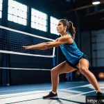 배구 트레이닝 팁 공유 - A dynamic volleyball training scene set in a modern indoor gym, featuring a young Italian female ath...