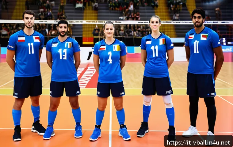 배구 전술 핸드북 - A dynamic volleyball team huddled on an indoor court in Italy, focusing on strategy discussion. Play...