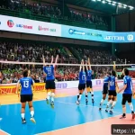 배구 대회 스폰서십 활용 - A vibrant volleyball tournament scene in a modern Italian indoor arena, filled with enthusiastic fan...