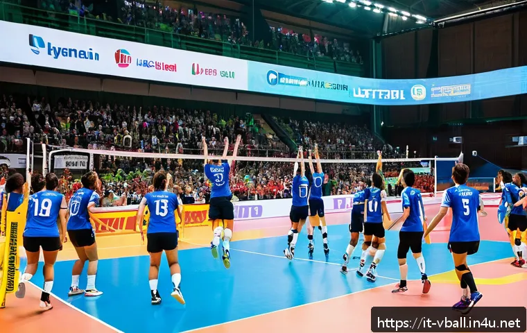 배구 대회 스폰서십 활용 - A vibrant volleyball tournament scene in a modern Italian indoor arena, filled with enthusiastic fan...