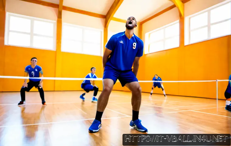 Home 17 배구 경기 중 유머 상황 - Photorealistic indoor volleyball match in a bright Italian community sports hall, a surprised player...