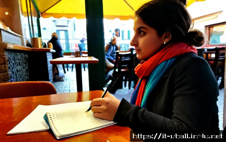 배구 경기 관람 후 소감 작성 - Photorealistic Italian volleyball fan at a quiet café table after an exciting indoor match, thoughtf...