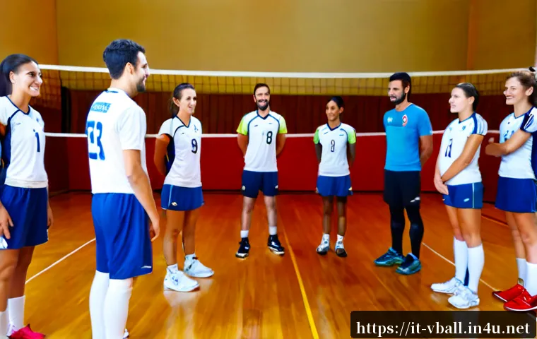 배구 관련 동호회 활동 - Photorealistic evening volleyball club practice in a bright Italian community sports hall, mixed adu...
